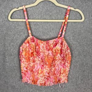 Hippie Rose Crop Top Large Pink Orange Tank Floral Ruffle Tropical Coconut Aloha